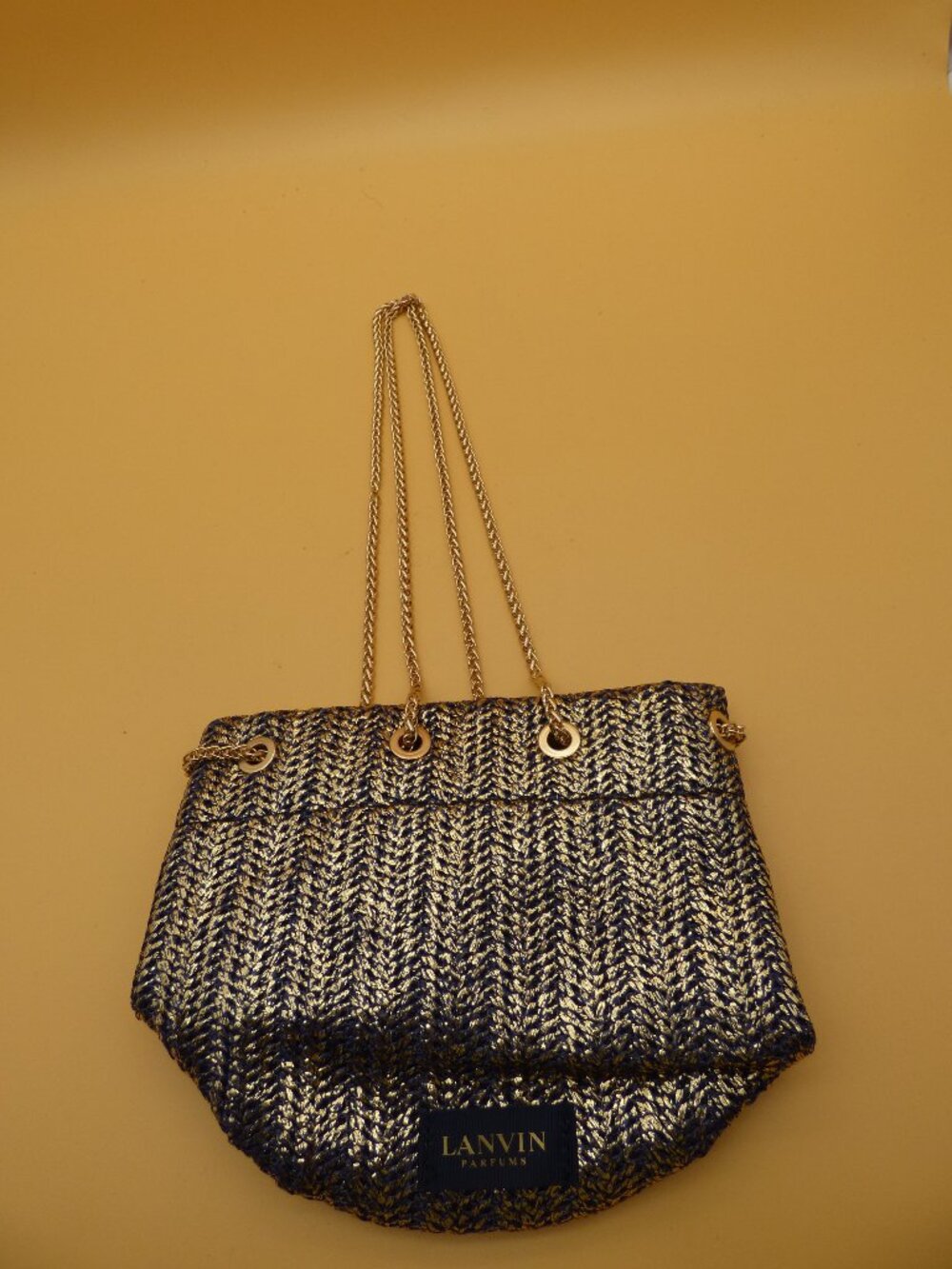 Lanvin Parfums Navy & Gold Metallic Woven Chain Bucket Shoulder Bag